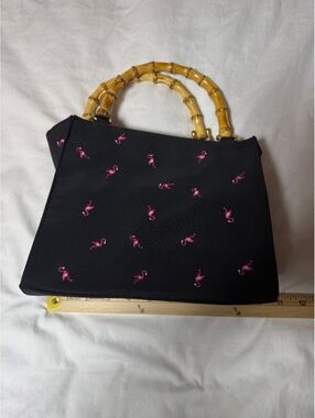 Black Handbag with Pink Flamingo Embroidery and Bamboo Handles
